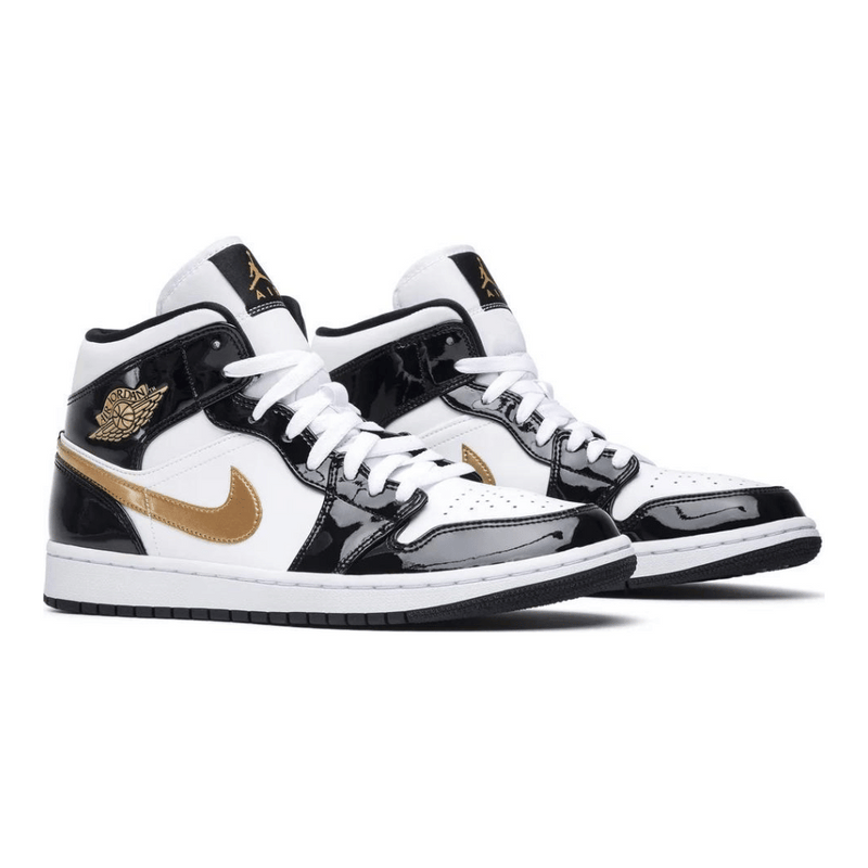 Air Jordan 1 Mid Patent Black White Gold - Primeira Divisão